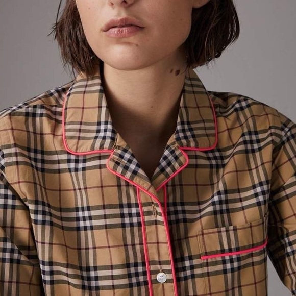 BURBERRY check neon piped pyjama style top - Picture 5 of 13
